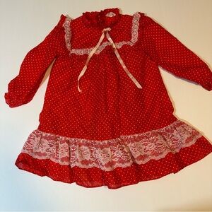Vtg 80s Jill Lynn Dress Polka Dot Red Long Sleeve Ruffled Lace Trim